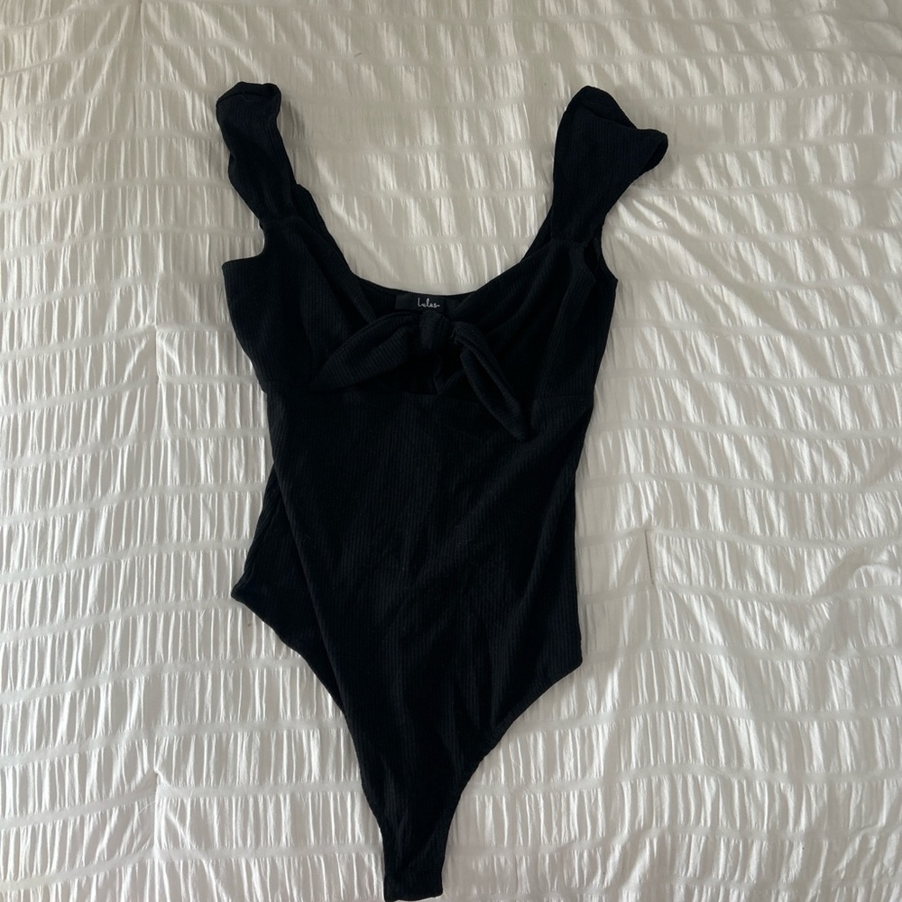 Lulus Cap Sleeve Tie Ribbed Bodysuit with Open Back